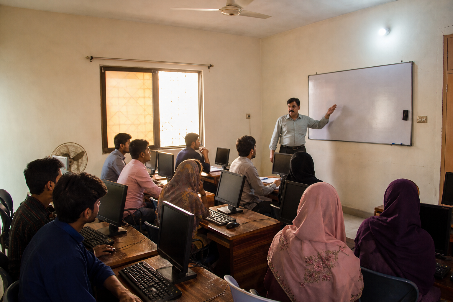 Instructor with students in a small NICS classroom